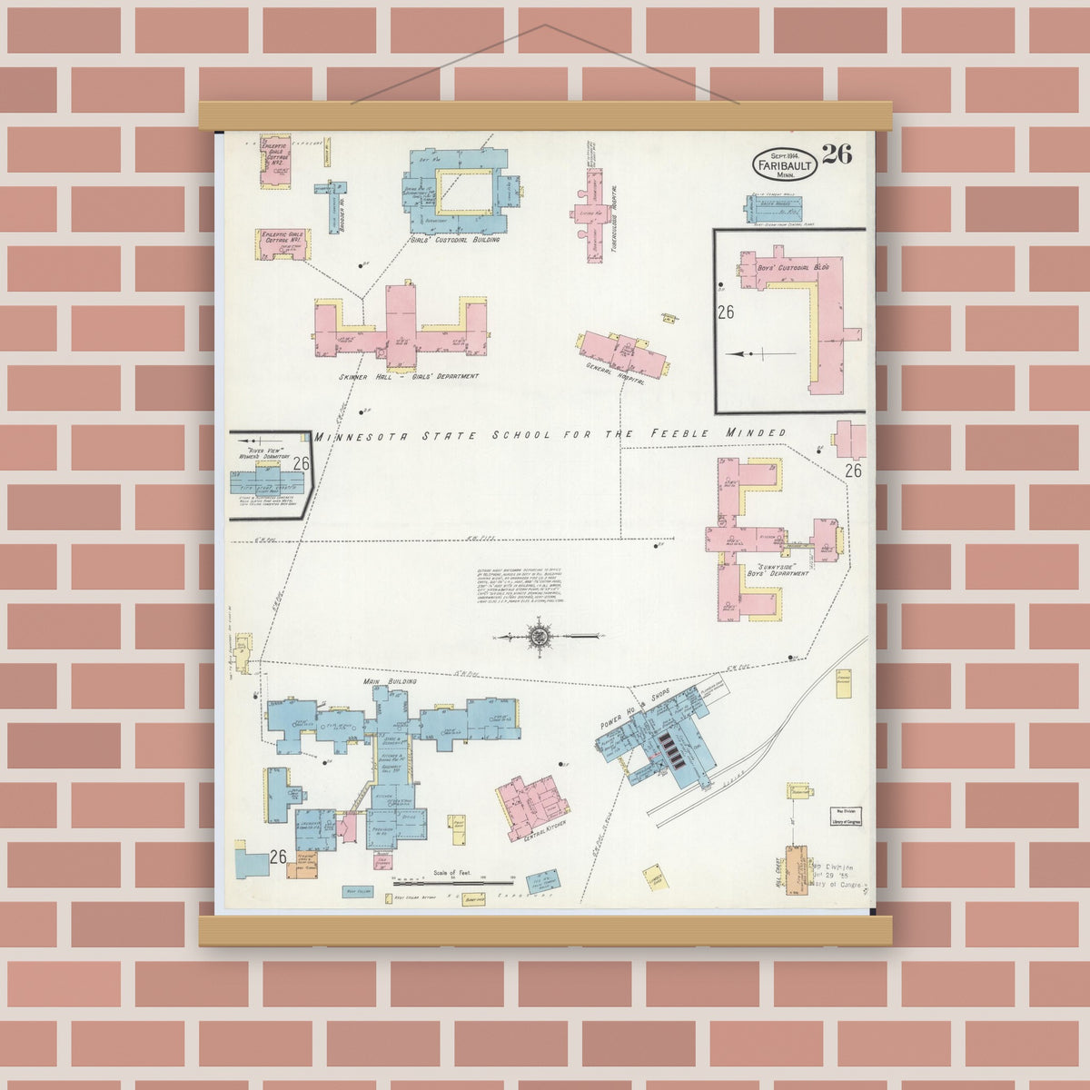 Old map wall art mockup — magnetic wood frame on brick wall — Sanborn Fire Insurance Map from Faribault, Rice County, Minnesota (1914), Sheet #0026