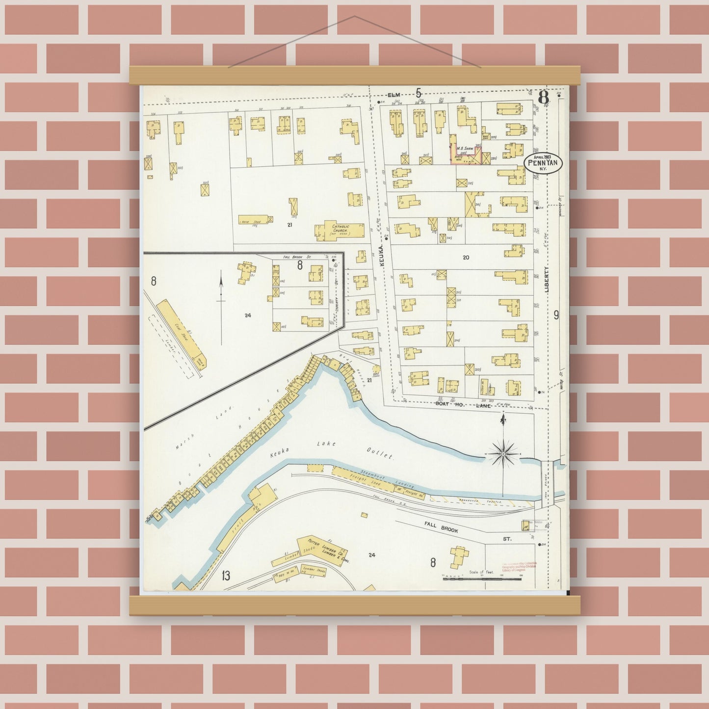 Old map wall art mockup — magnetic wood frame on brick wall — Sanborn Fire Insurance Map from Penn Yan, Yates County, New York (1903), Sheet #0008