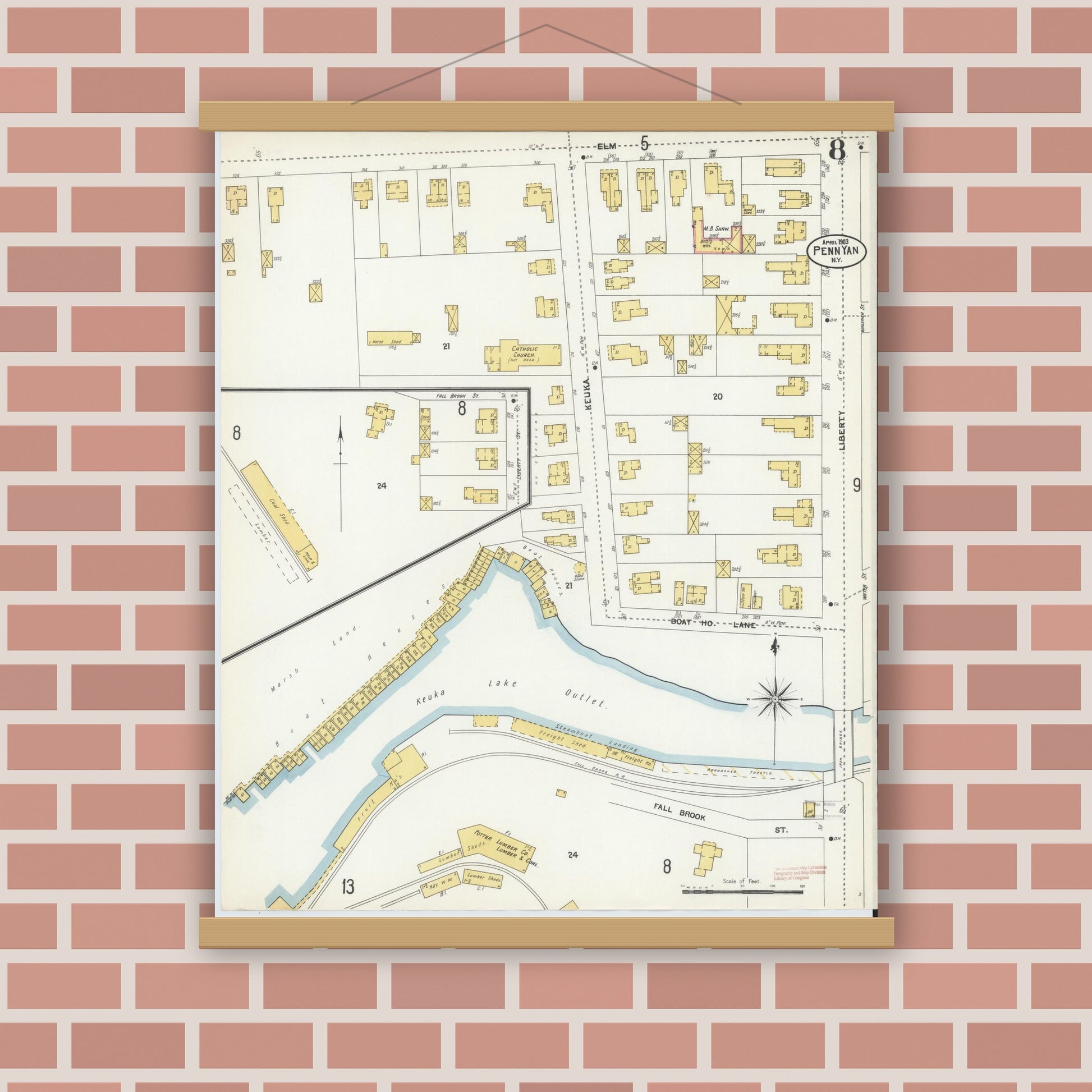 Old map wall art mockup — magnetic wood frame on brick wall — Sanborn Fire Insurance Map from Penn Yan, Yates County, New York (1903), Sheet #0008