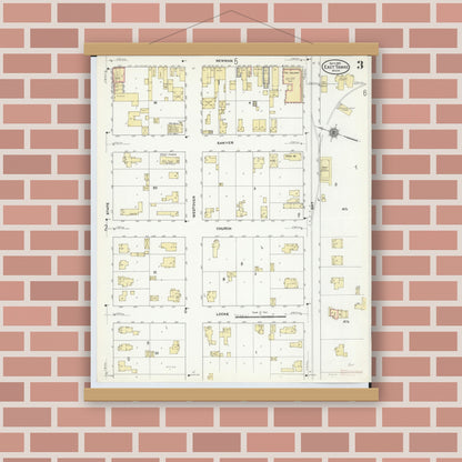 Old map wall art mockup — magnetic wood frame on brick wall — Sanborn Fire Insurance Map from East Tawas, Iosco County, Michigan (1910), Sheet #0003