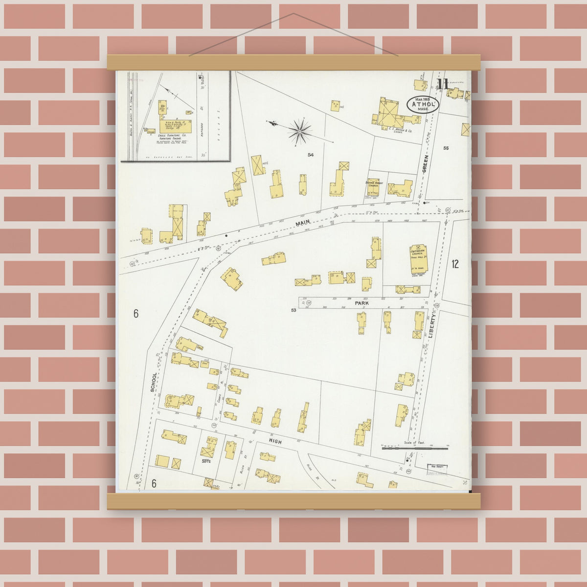 Old map wall art mockup — magnetic wood frame on brick wall — Sanborn Fire Insurance Map from Athol, Worcester County, Massachusetts (1905), Sheet #0011