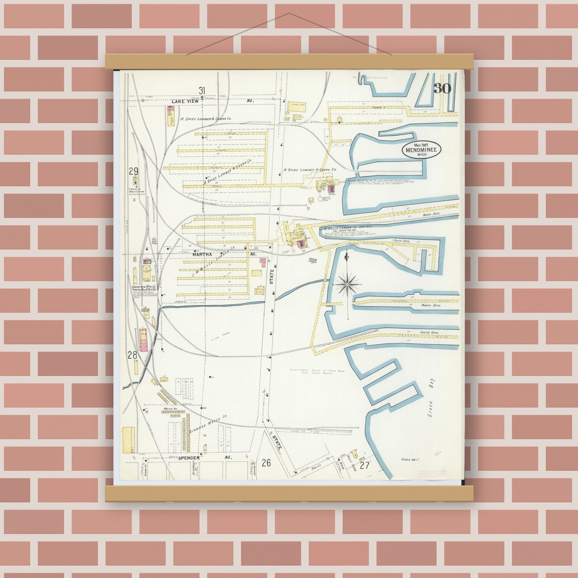 Old map wall art mockup — magnetic wood frame on brick wall — Sanborn Fire Insurance Map from Menominee, Menominee County, Michigan (1907), Sheet #0030