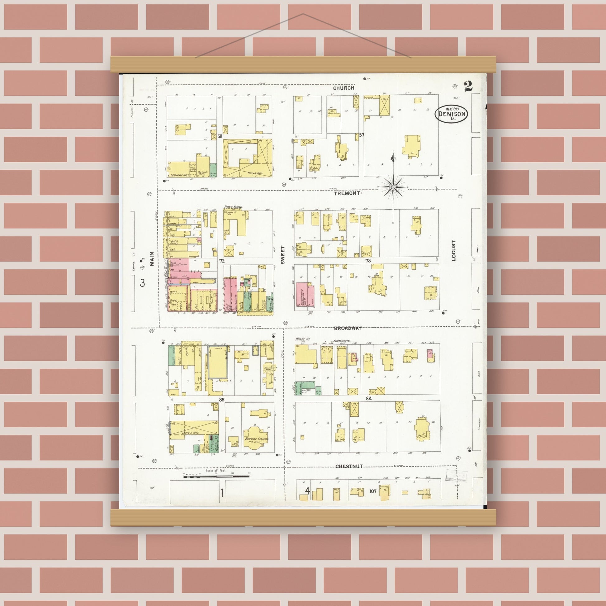 Old map wall art mockup — magnetic wood frame on brick wall — Sanborn Fire Insurance Map from Denison, Crawford County, Iowa (1899), Sheet #0002