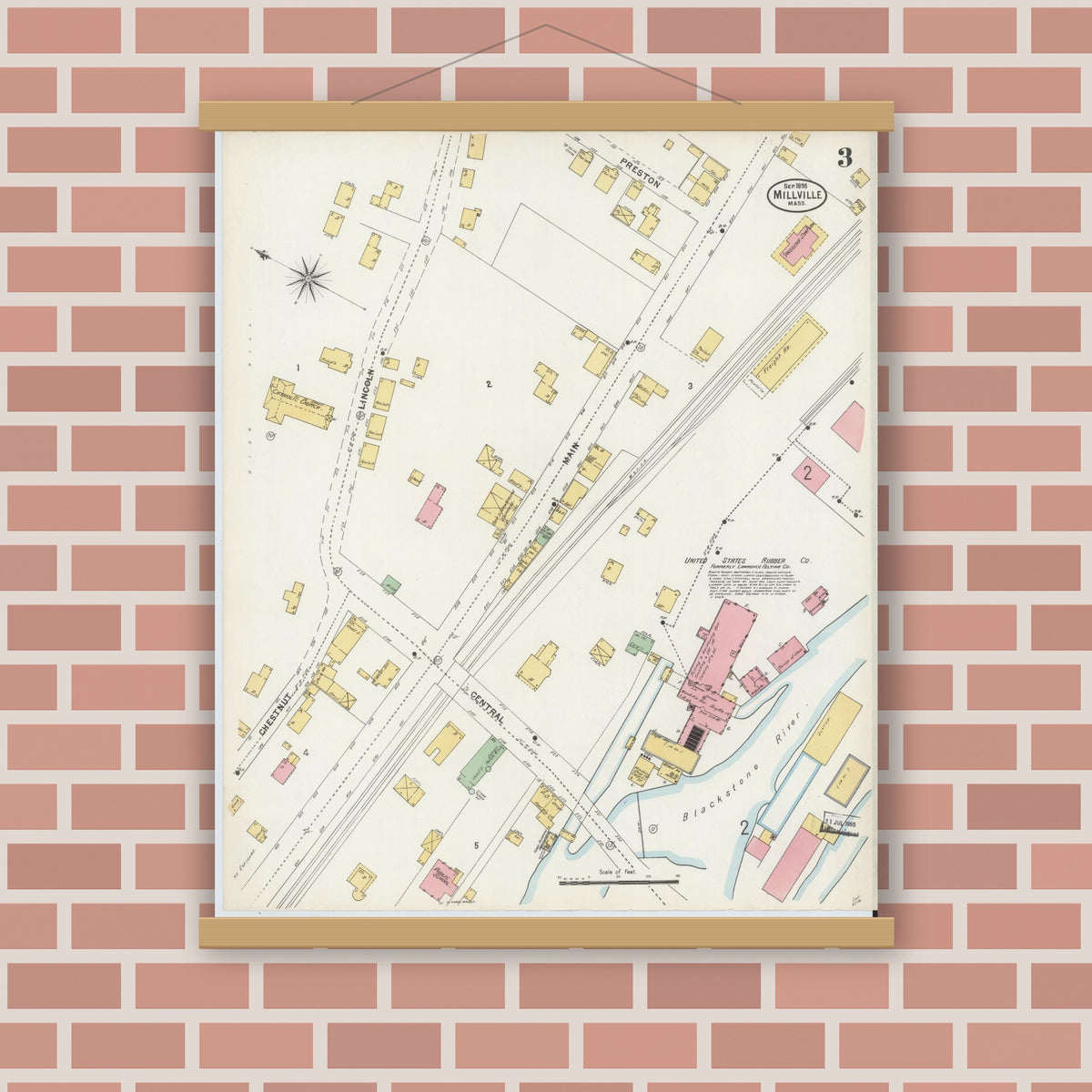 Old map wall art mockup — magnetic wood frame on brick wall — Sanborn Fire Insurance Map from Millville, Worcester County, Massachusetts (1898), Sheet #0003