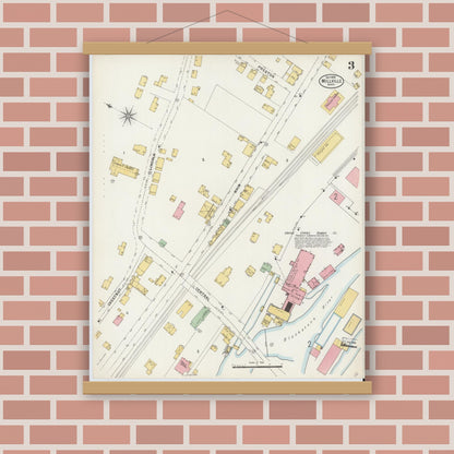 Old map wall art mockup — magnetic wood frame on brick wall — Sanborn Fire Insurance Map from Millville, Worcester County, Massachusetts (1898), Sheet #0003