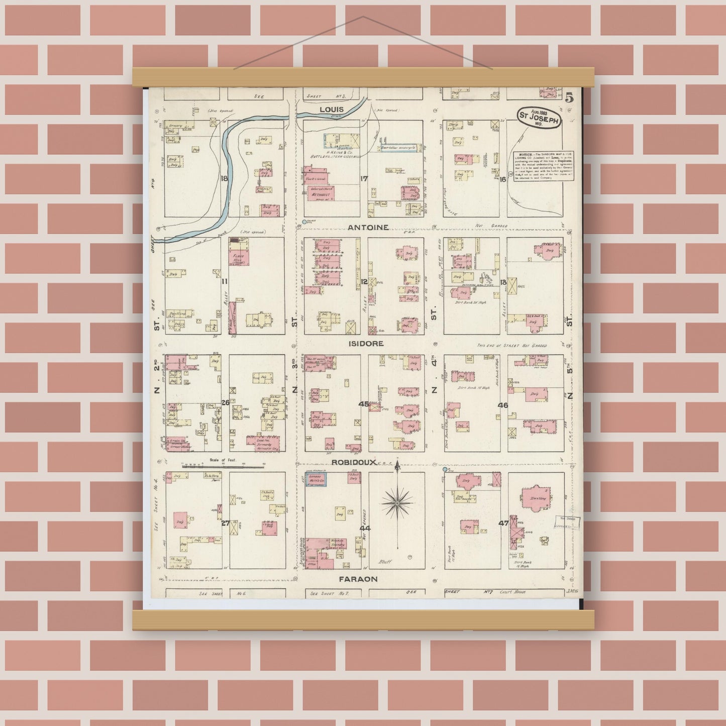 Old map wall art mockup — magnetic wood frame on brick wall — Sanborn Fire Insurance Map from Saint Joseph, Buchanan County, Missouri (1883), Sheet #0005
