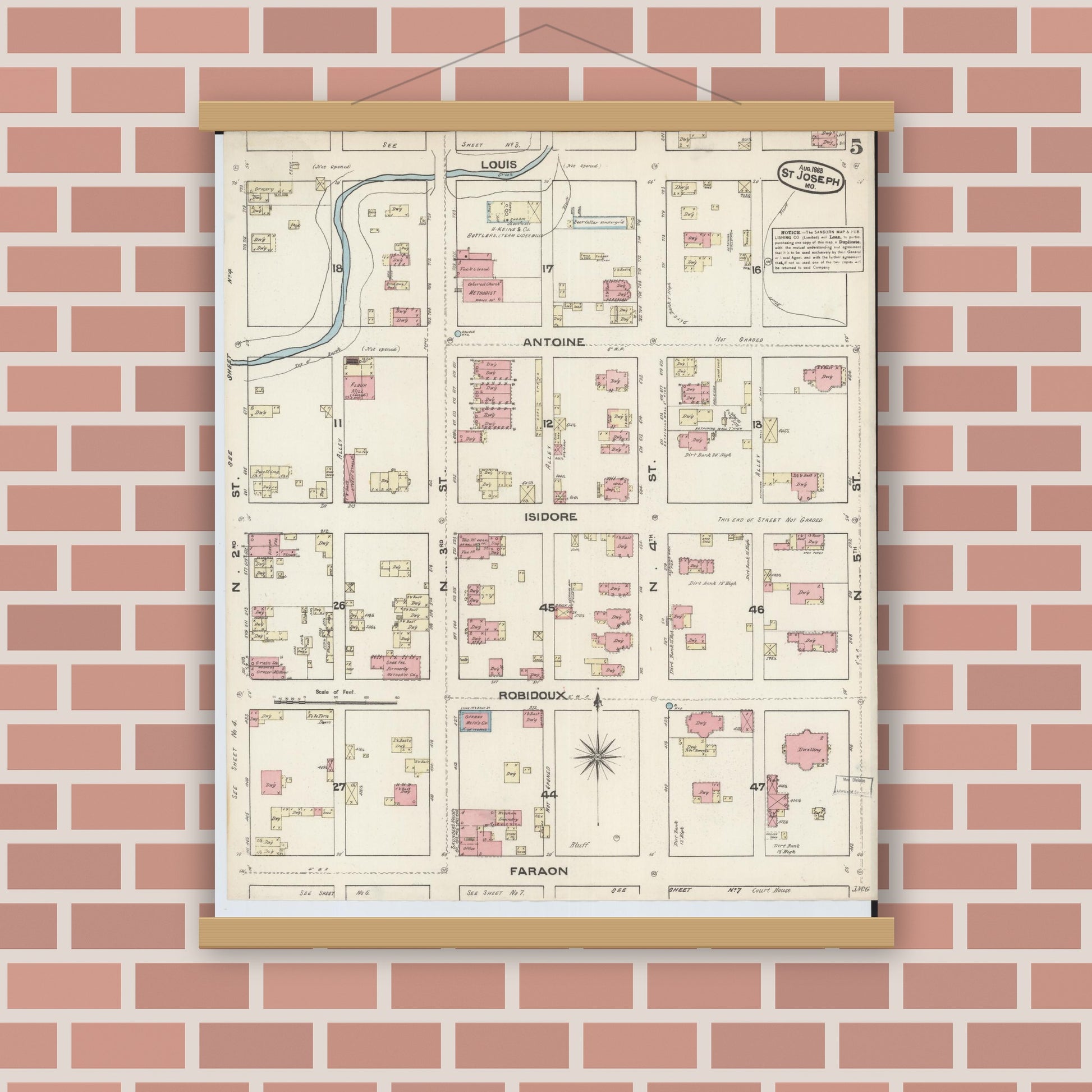 Old map wall art mockup — magnetic wood frame on brick wall — Sanborn Fire Insurance Map from Saint Joseph, Buchanan County, Missouri (1883), Sheet #0005
