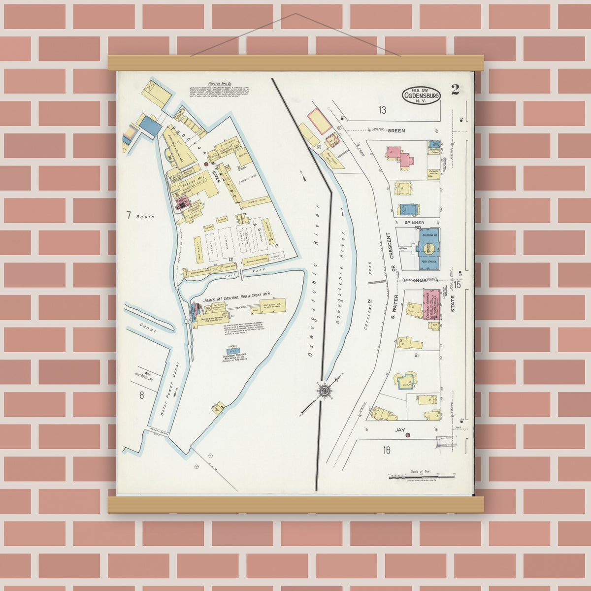 Old map wall art mockup — magnetic wood frame on brick wall — Sanborn Fire Insurance Map from Ogdensburg, St. Lawrence County, New York (1918) - Complete Map Set