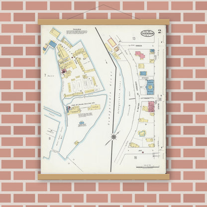 Old map wall art mockup — magnetic wood frame on brick wall — Sanborn Fire Insurance Map from Ogdensburg, St. Lawrence County, New York (1918) - Complete Map Set