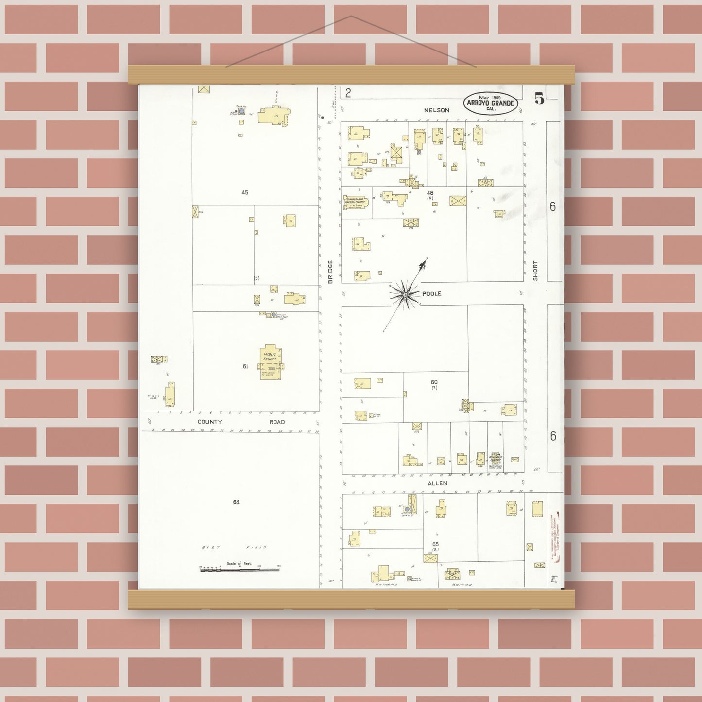 Old map wall art mockup — magnetic wood frame on brick wall — Sanborn Fire Insurance Map from Arroyo Grande, San Luis Obispo County, California (1909), Sheet #0005