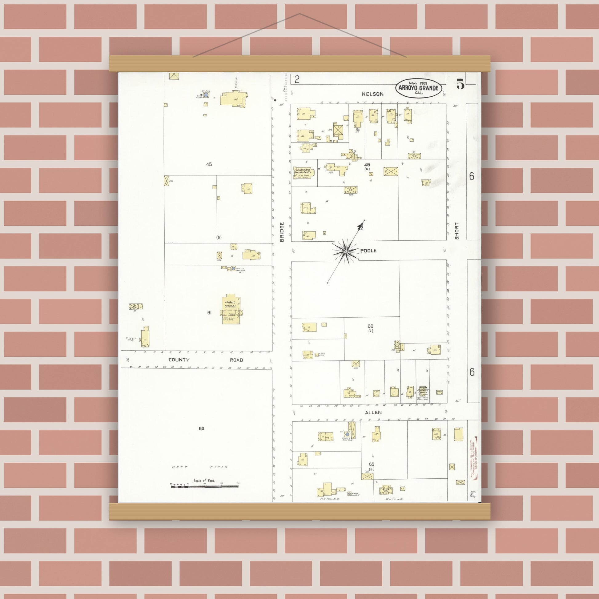 Old map wall art mockup — magnetic wood frame on brick wall — Sanborn Fire Insurance Map from Arroyo Grande, San Luis Obispo County, California (1909), Sheet #0005