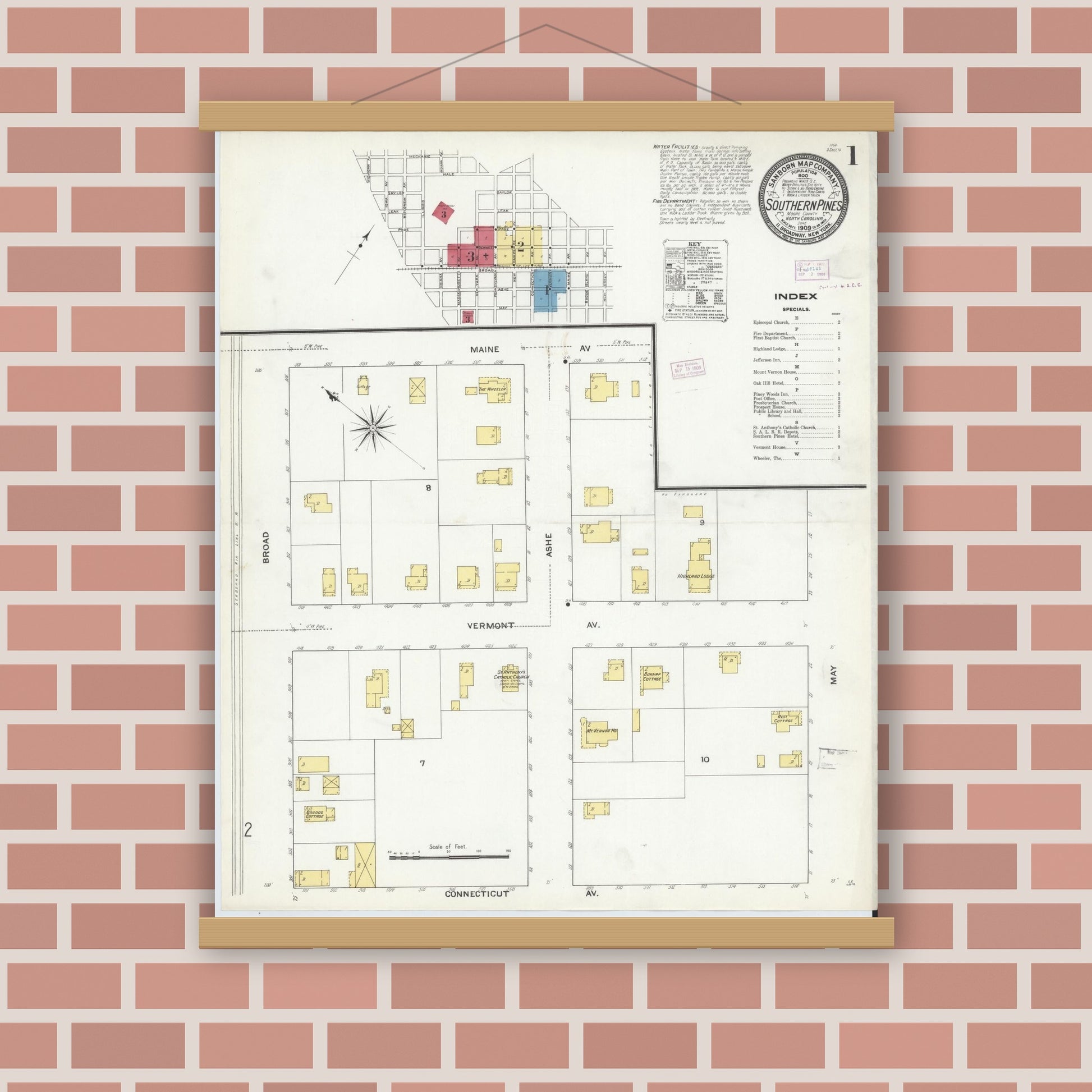 Old map wall art mockup — magnetic wood frame on brick wall — Sanborn Fire Insurance Map from Southern Pines, Moore County, North Carolina (1909), Sheet #0001