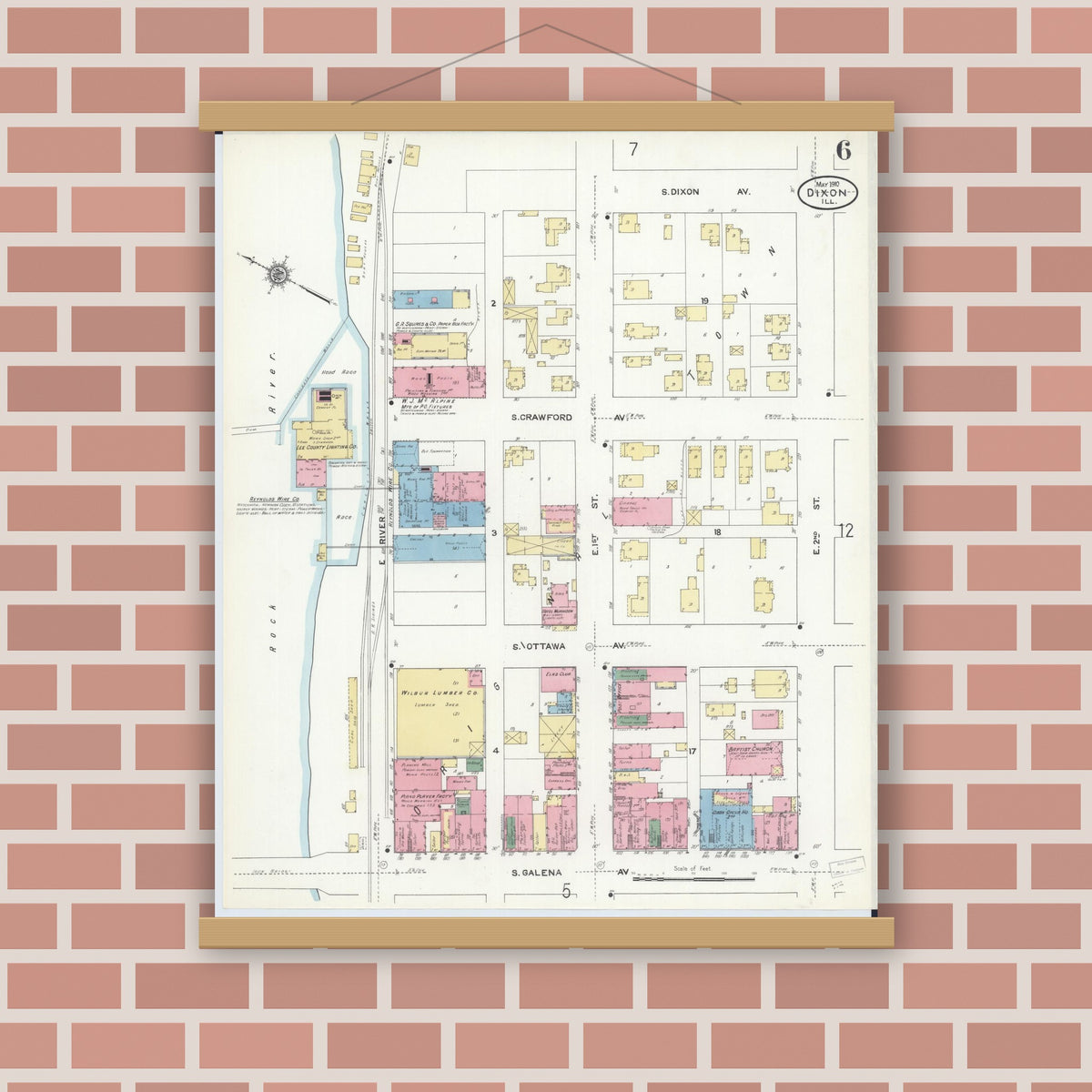 Old map wall art mockup — magnetic wood frame on brick wall — Sanborn Fire Insurance Map from Dixon, Lee County, Illinois (1910), Sheet #0006
