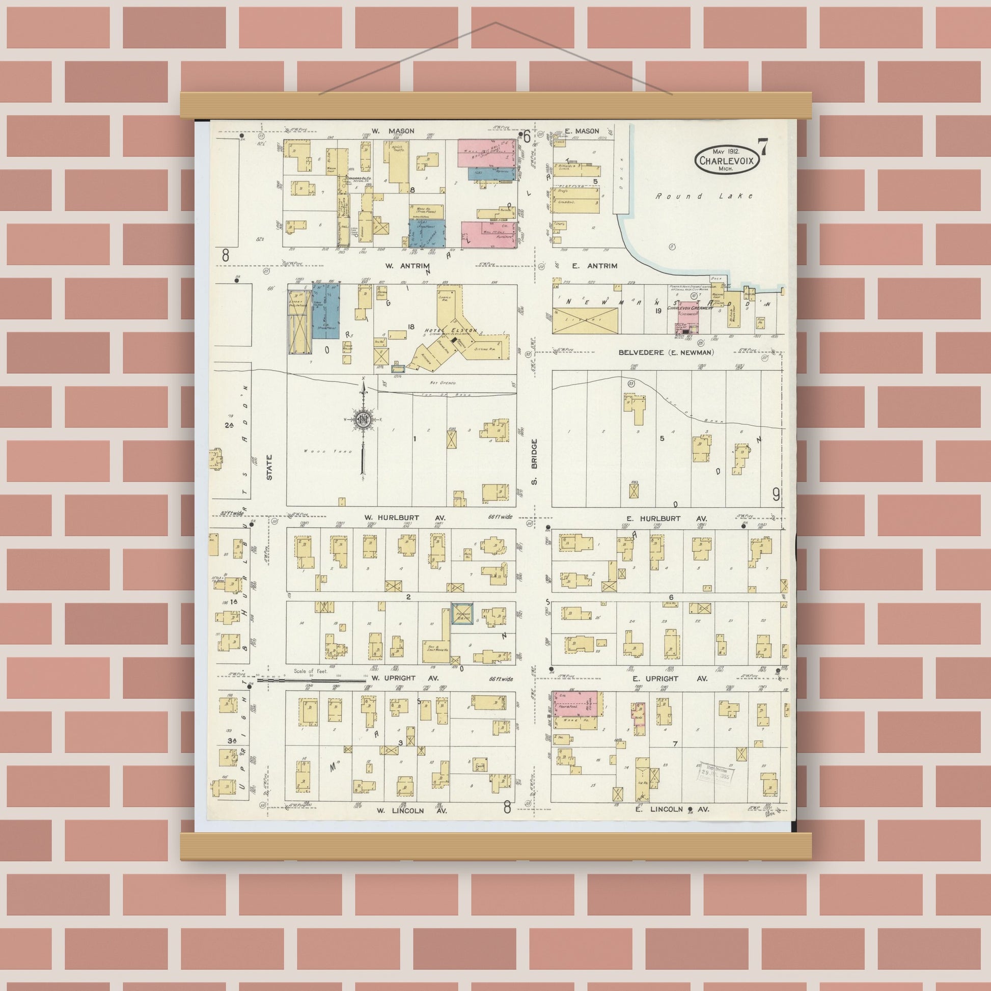 Old map wall art mockup — magnetic wood frame on brick wall — Sanborn Fire Insurance Map from Charlevoix, Charlevoix County, Michigan (1912), Sheet #0007