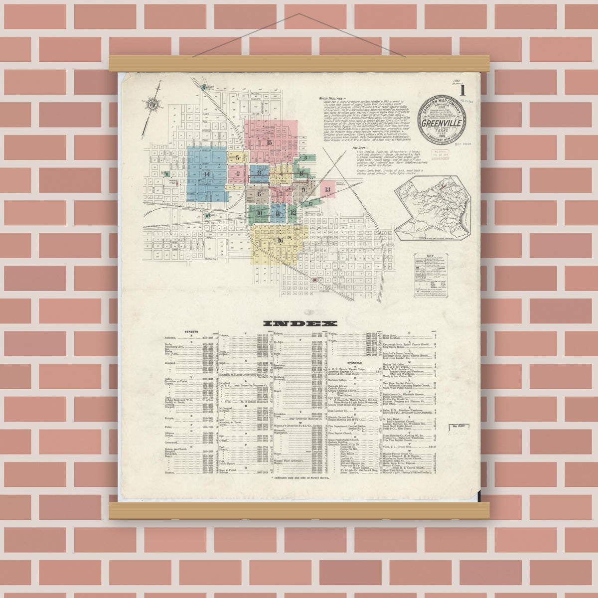 Old map wall art mockup — magnetic wood frame on brick wall — Sanborn Fire Insurance Map from Greenville, Hunt County, Texas (1914) - Complete Map Set