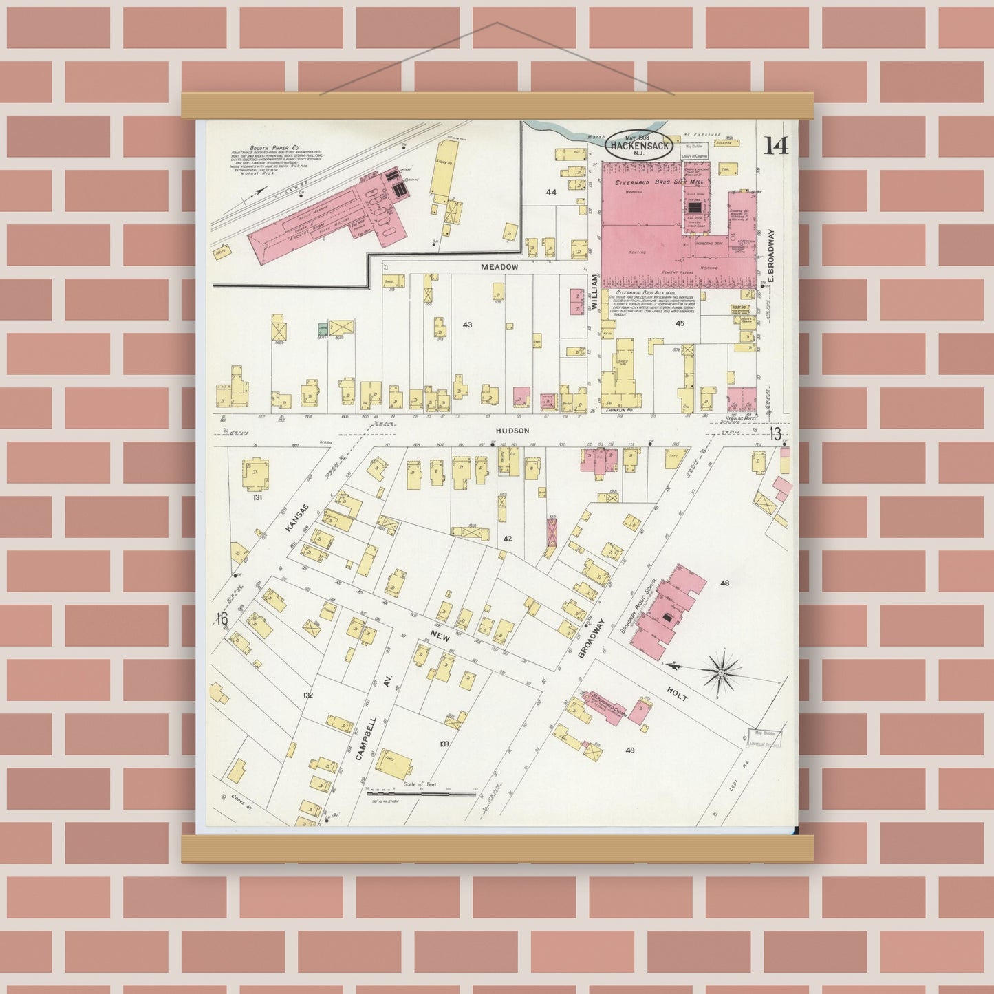 Old map wall art mockup — magnetic wood frame on brick wall — Sanborn Fire Insurance Map from Hackensack, Bergen County, New Jersey (1908), Sheet #0014
