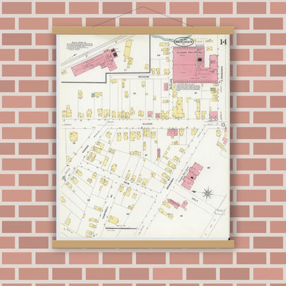 Old map wall art mockup — magnetic wood frame on brick wall — Sanborn Fire Insurance Map from Hackensack, Bergen County, New Jersey (1908), Sheet #0014