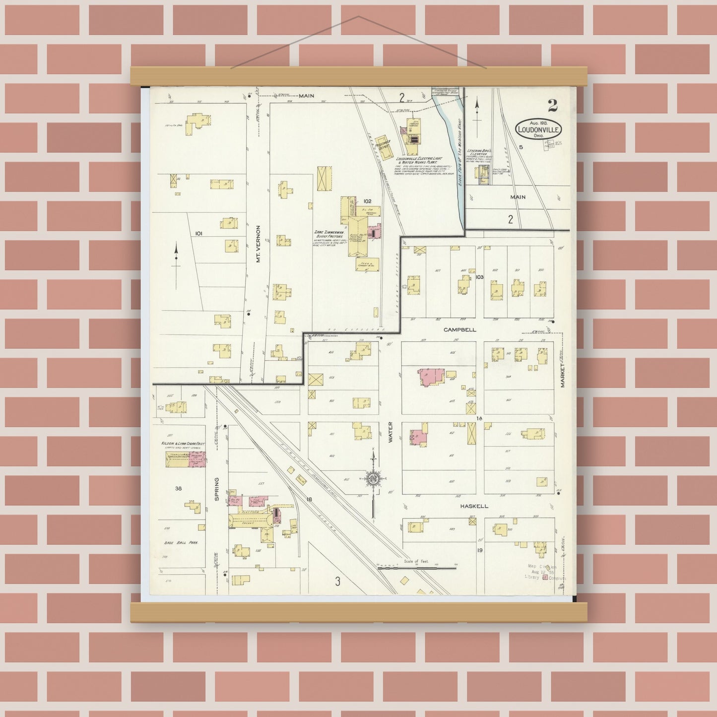 Old map wall art mockup — magnetic wood frame on brick wall — Sanborn Fire Insurance Map from Loudonville, Ashland County, Ohio (1913), Sheet #0002