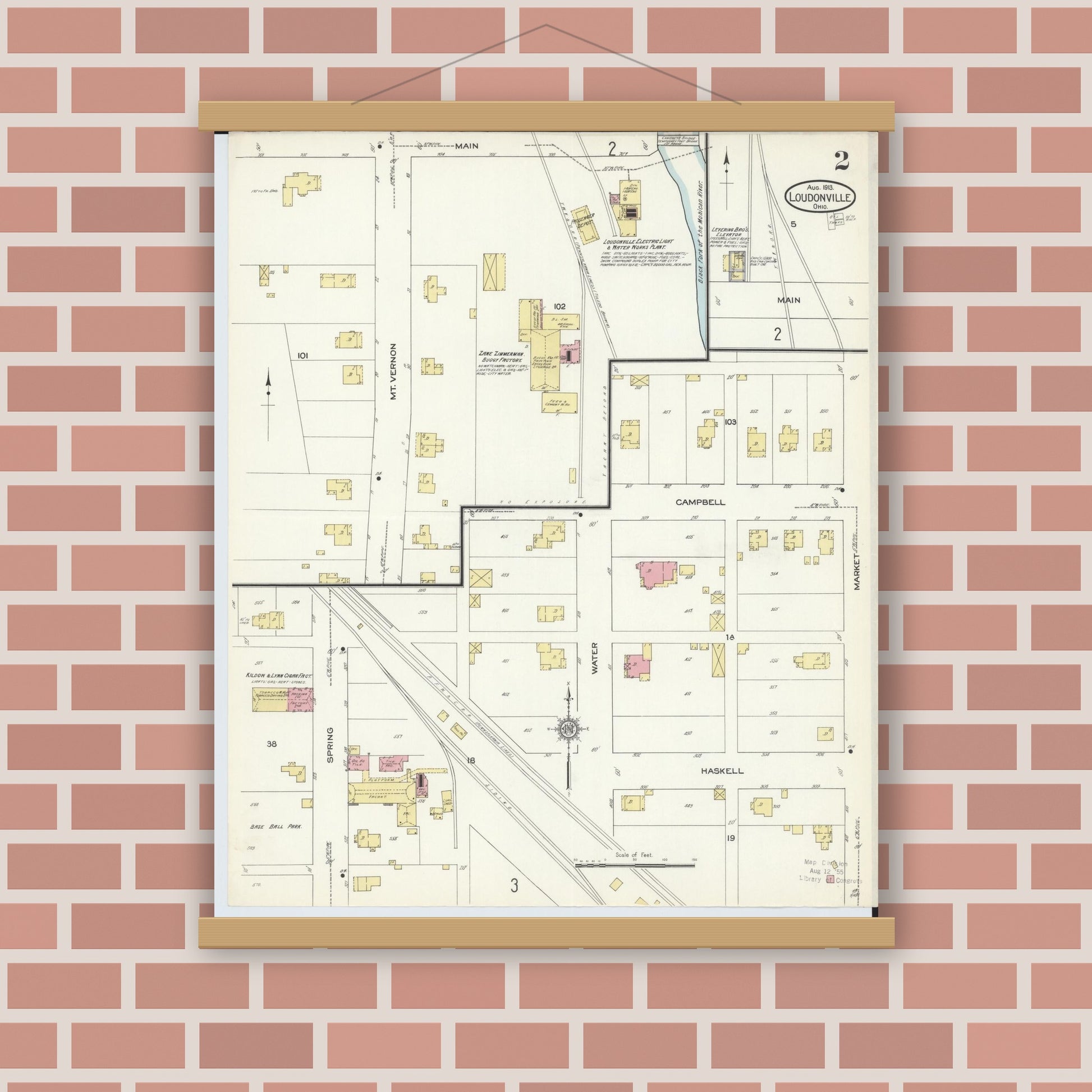 Old map wall art mockup — magnetic wood frame on brick wall — Sanborn Fire Insurance Map from Loudonville, Ashland County, Ohio (1913), Sheet #0002