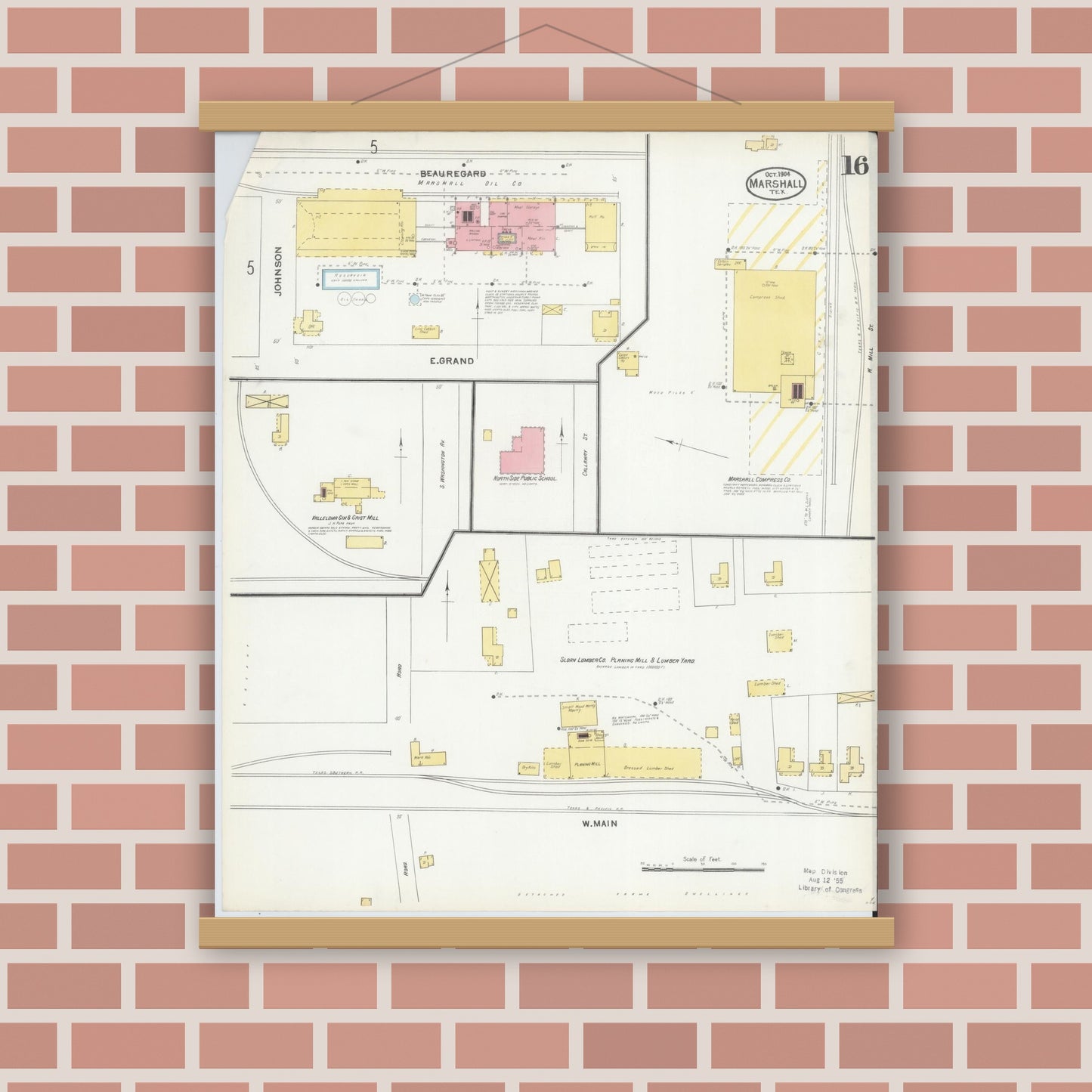 Old map wall art mockup — magnetic wood frame on brick wall — Sanborn Fire Insurance Map from Marshall, Harrison County, Texas (1904), Sheet #0016