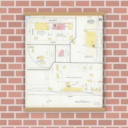 Old map wall art mockup — magnetic wood frame on brick wall — Sanborn Fire Insurance Map from Marshall, Harrison County, Texas (1904), Sheet #0016
