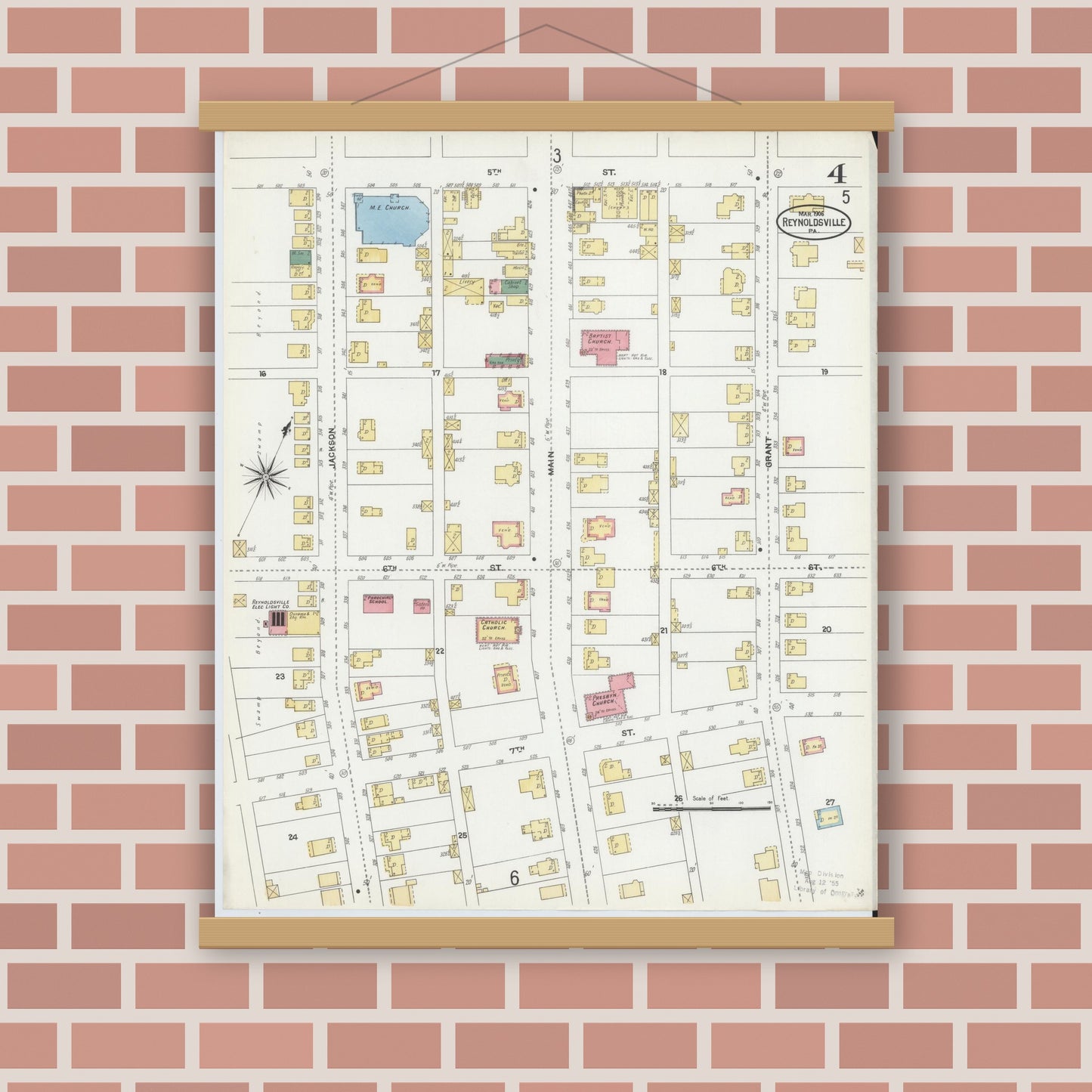 Old map wall art mockup — magnetic wood frame on brick wall — Sanborn Fire Insurance Map from Reynoldsville, Jefferson County, Pennsylvania (1906), Sheet #0004