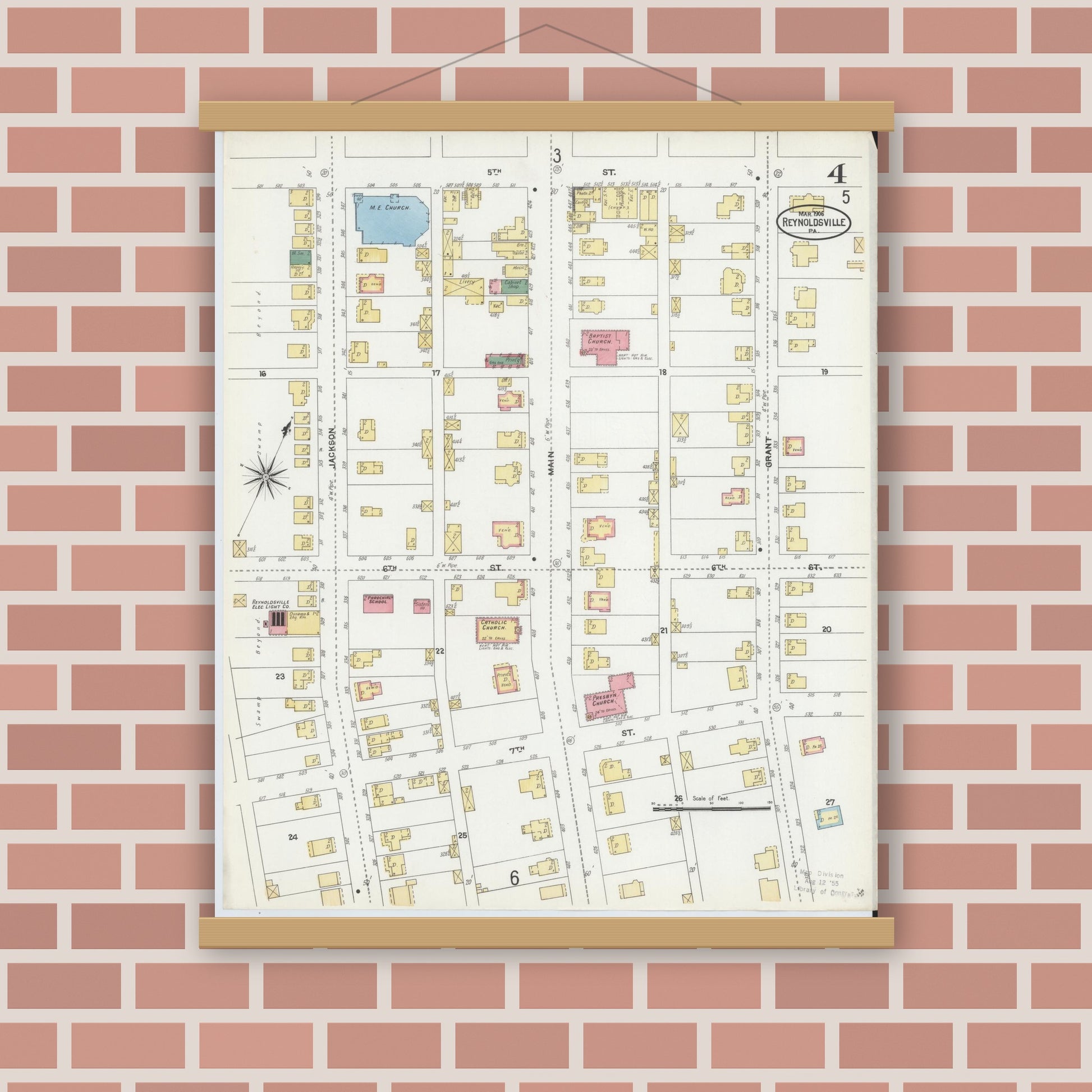 Old map wall art mockup — magnetic wood frame on brick wall — Sanborn Fire Insurance Map from Reynoldsville, Jefferson County, Pennsylvania (1906), Sheet #0004