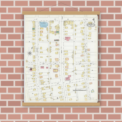 Old map wall art mockup — magnetic wood frame on brick wall — Sanborn Fire Insurance Map from Reynoldsville, Jefferson County, Pennsylvania (1906), Sheet #0004