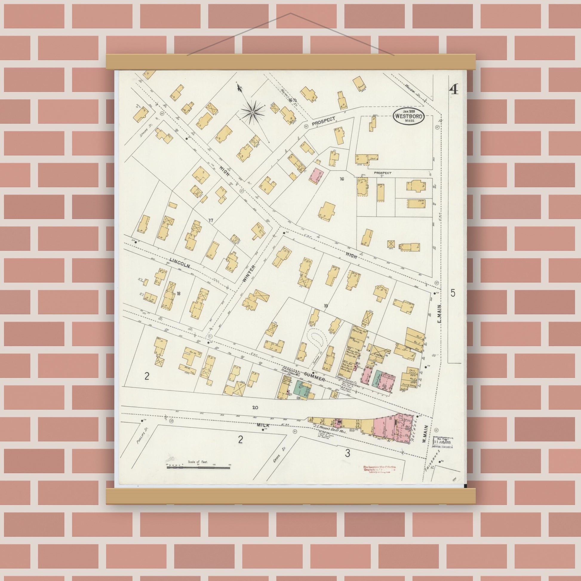 Old map wall art mockup — magnetic wood frame on brick wall — Sanborn Fire Insurance Map from Westboro, Worcester County, Massachusetts (1899), Sheet #0004