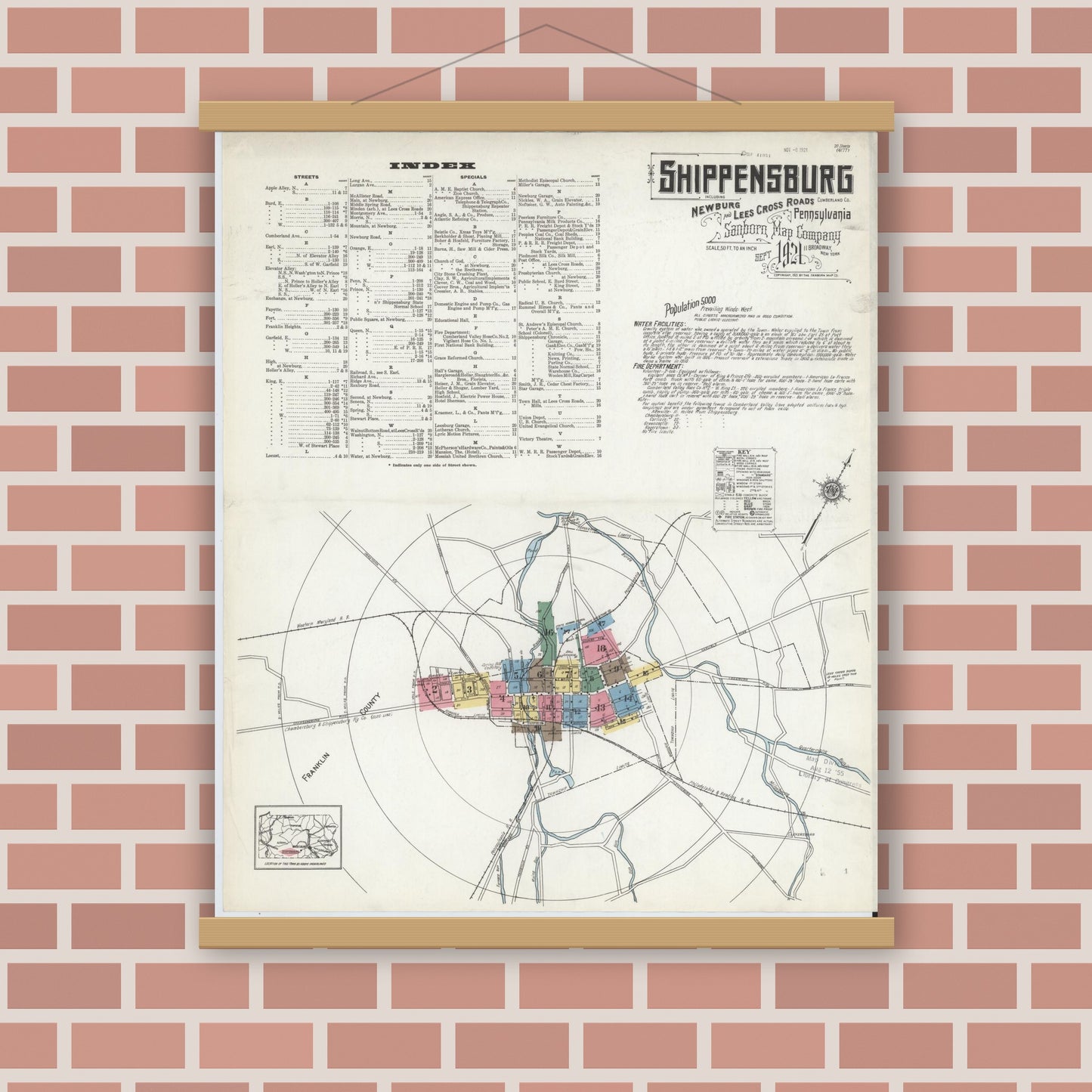 Old map wall art mockup — magnetic wood frame on brick wall — Sanborn Fire Insurance Map from Shippensburg, Cumberland And Franklin Counties, Pennsylvania (1921) - Complete Map Set