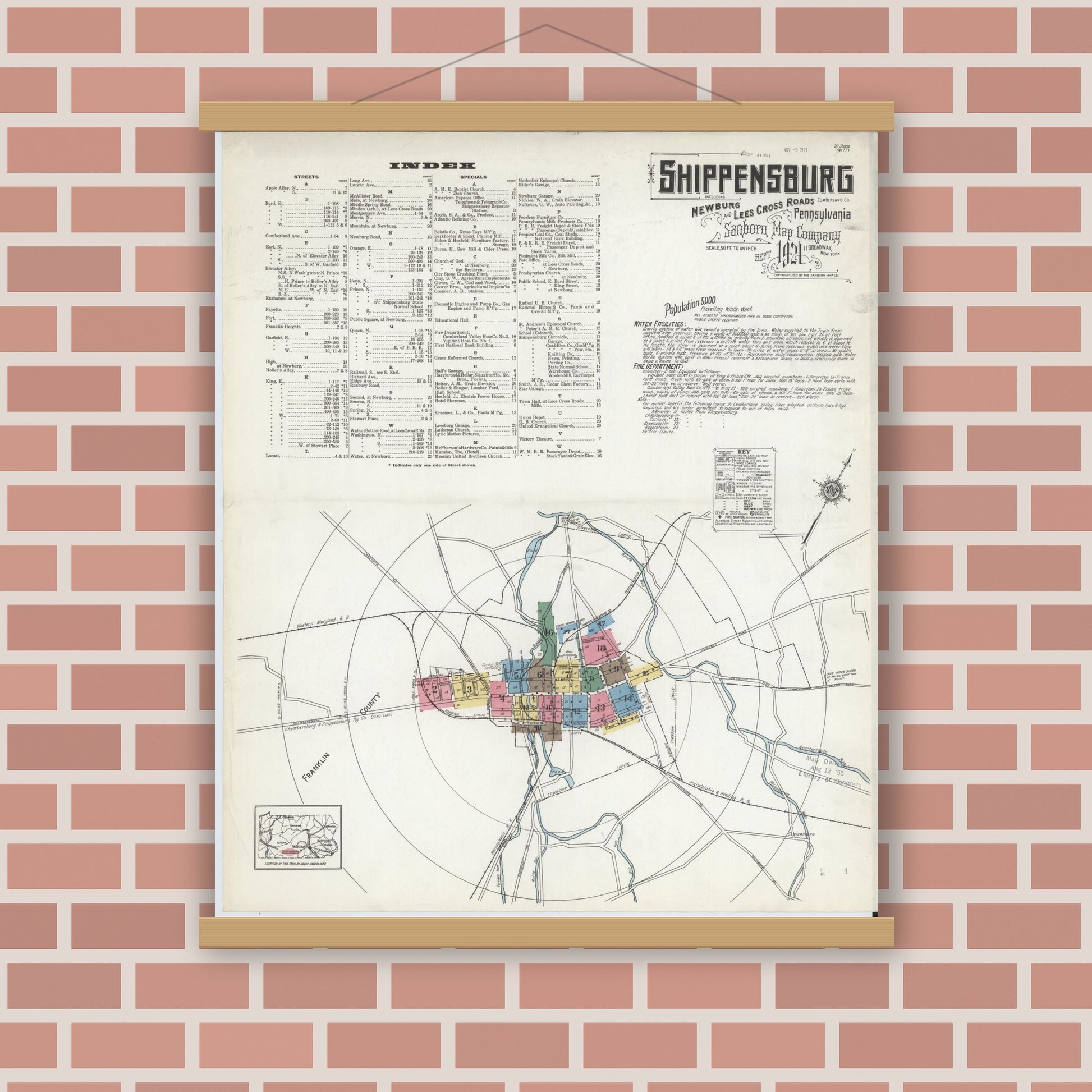 Old map wall art mockup — magnetic wood frame on brick wall — Sanborn Fire Insurance Map from Shippensburg, Cumberland And Franklin Counties, Pennsylvania (1921) - Complete Map Set