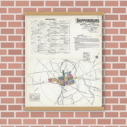 Old map wall art mockup — magnetic wood frame on brick wall — Sanborn Fire Insurance Map from Shippensburg, Cumberland And Franklin Counties, Pennsylvania (1921) - Complete Map Set