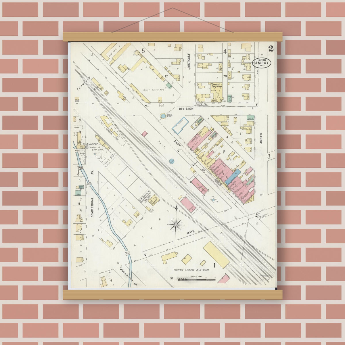 Old map wall art mockup — magnetic wood frame on brick wall — Sanborn Fire Insurance Map from Amboy, Lee County, Illinois (1897), Sheet #0002