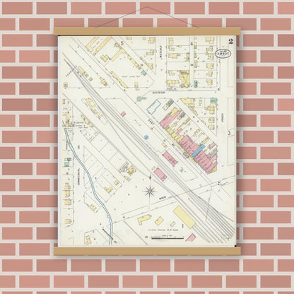Old map wall art mockup — magnetic wood frame on brick wall — Sanborn Fire Insurance Map from Amboy, Lee County, Illinois (1897), Sheet #0002