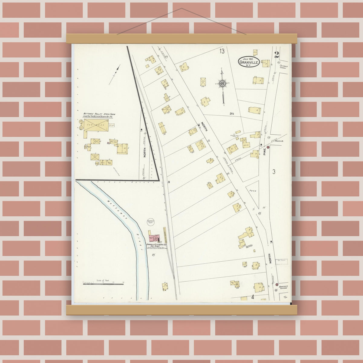 Old map wall art mockup — magnetic wood frame on brick wall — Sanborn Fire Insurance Map from Granville, Washington County, New York (1912), Sheet #0002