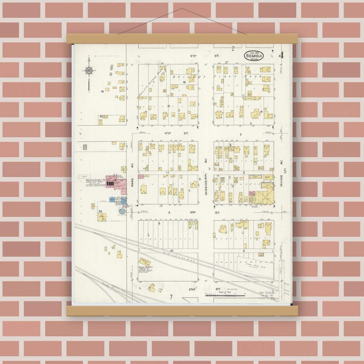 Old map wall art mockup — magnetic wood frame on brick wall — Sanborn Fire Insurance Map from Bemidji, Beltrami County, Minnesota (1916), Sheet #0004
