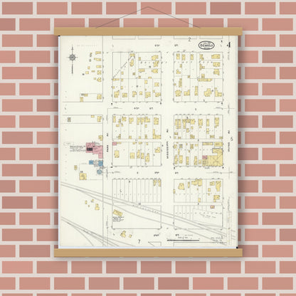 Old map wall art mockup — magnetic wood frame on brick wall — Sanborn Fire Insurance Map from Bemidji, Beltrami County, Minnesota (1916), Sheet #0004
