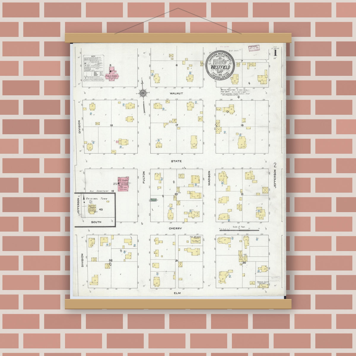 Old map wall art mockup — magnetic wood frame on brick wall — Sanborn Fire Insurance Map from Westfield, Clark County, Illinois (1910) - Complete Map Set