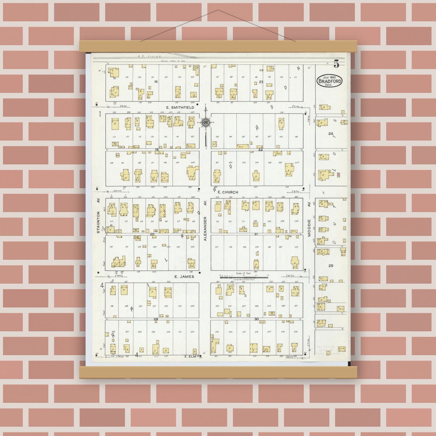 Old map wall art mockup — magnetic wood frame on brick wall — Sanborn Fire Insurance Map from Bradford, Darke and Miami Counties, Ohio (1920), Sheet #0005