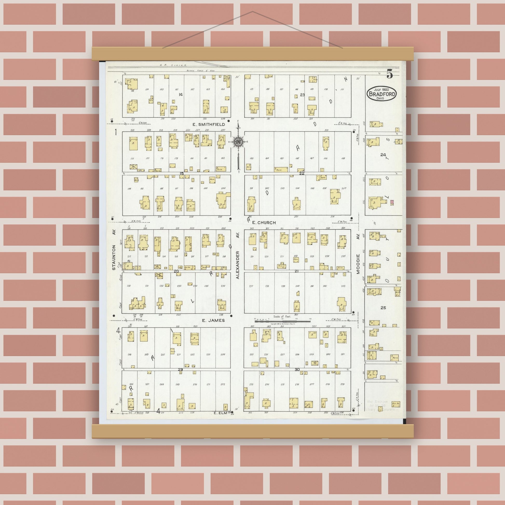 Old map wall art mockup — magnetic wood frame on brick wall — Sanborn Fire Insurance Map from Bradford, Darke and Miami Counties, Ohio (1920), Sheet #0005