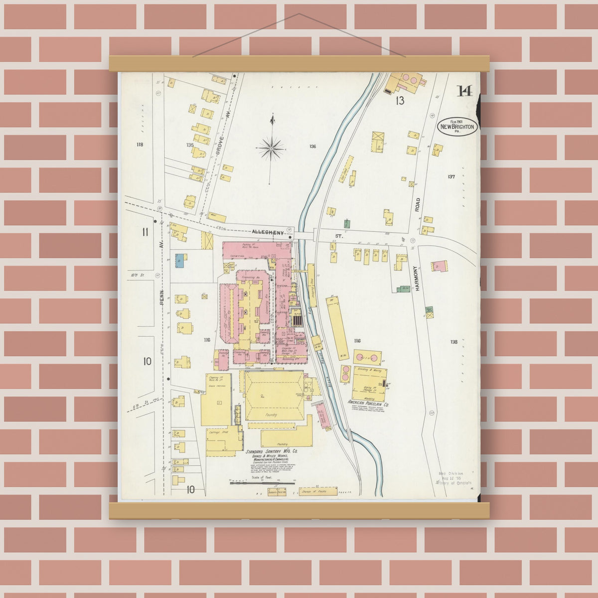 Old map wall art mockup — magnetic wood frame on brick wall — Sanborn Fire Insurance Map from New Brighton, Beaver County, Pennsylvania (1901), Sheet #0014