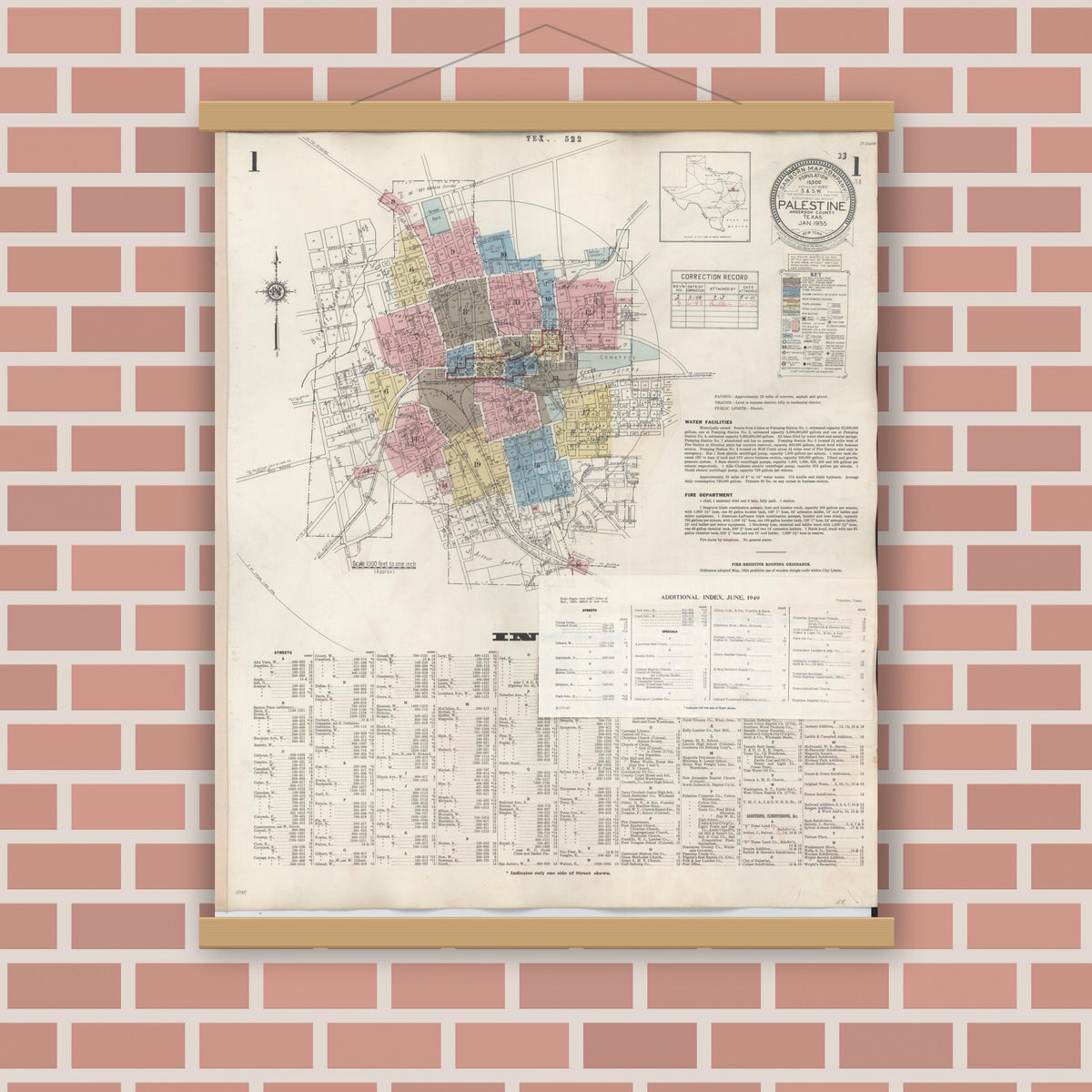Old map wall art mockup — magnetic wood frame on brick wall — Sanborn Fire Insurance Map from Palestine, Anderson County, Texas (1949), Sheet #0001