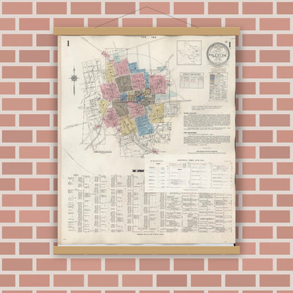 Old map wall art mockup — magnetic wood frame on brick wall — Sanborn Fire Insurance Map from Palestine, Anderson County, Texas (1949), Sheet #0001