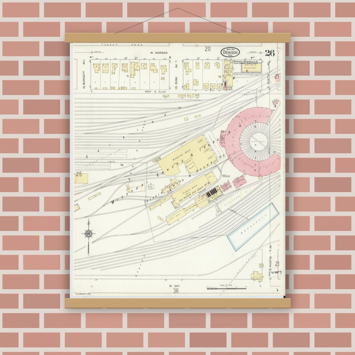 Old map wall art mockup — magnetic wood frame on brick wall — Sanborn Fire Insurance Map from Denison, Grayson County, Texas (1914), Sheet #0026