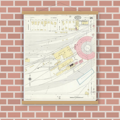 Old map wall art mockup — magnetic wood frame on brick wall — Sanborn Fire Insurance Map from Denison, Grayson County, Texas (1914), Sheet #0026