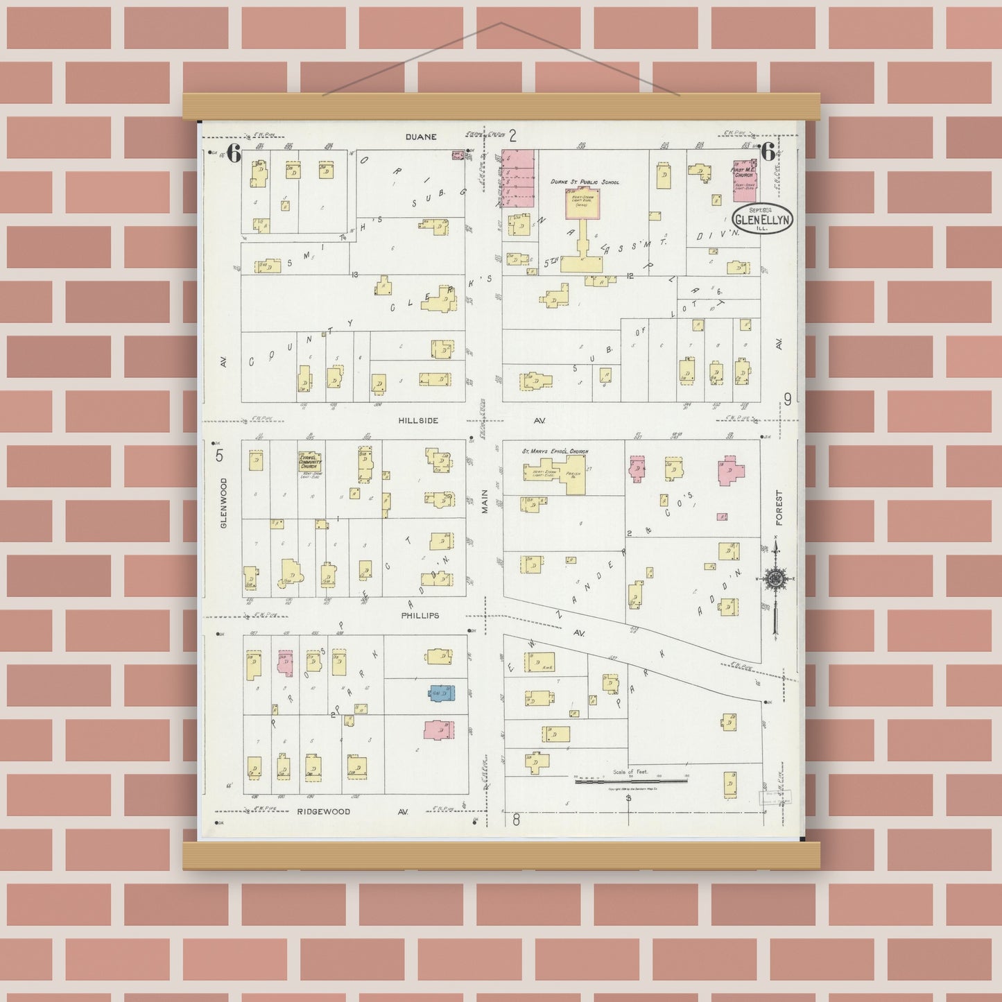 Old map wall art mockup — magnetic wood frame on brick wall — Sanborn Fire Insurance Map from Glen Ellyn, Du Page County, Illinois (1924), Sheet #0006