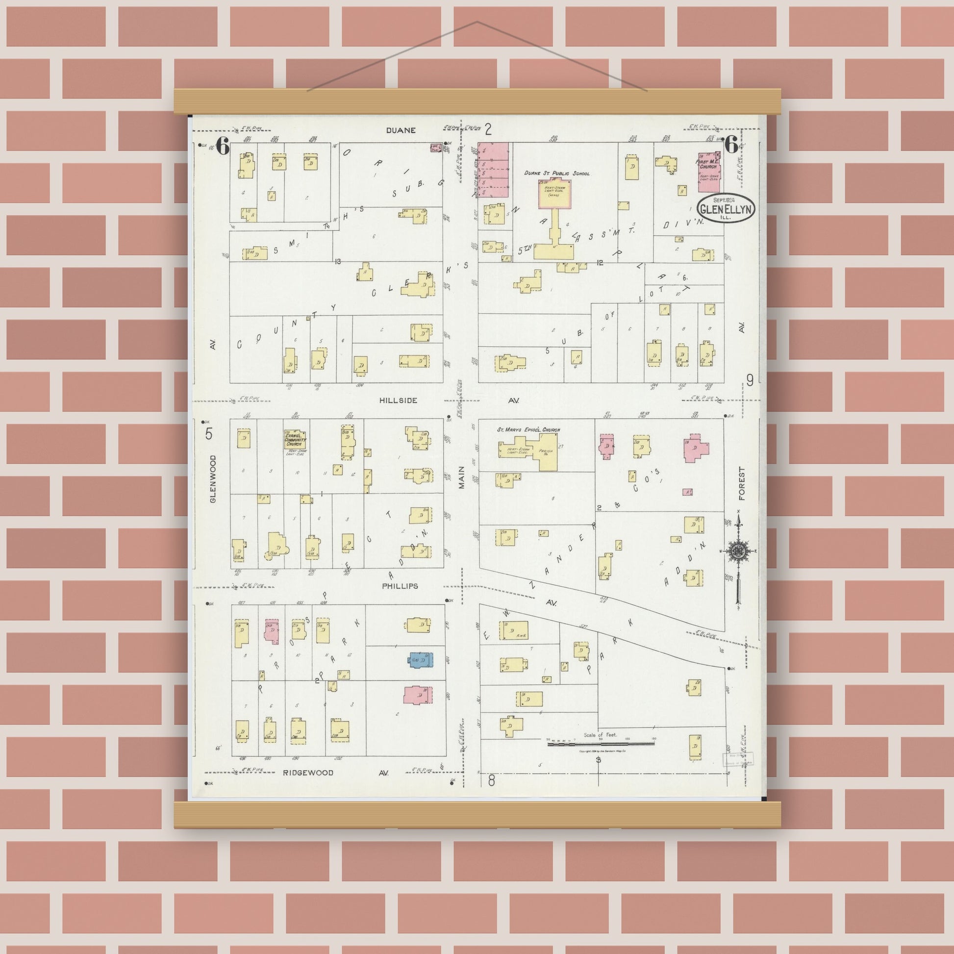 Old map wall art mockup — magnetic wood frame on brick wall — Sanborn Fire Insurance Map from Glen Ellyn, Du Page County, Illinois (1924), Sheet #0006