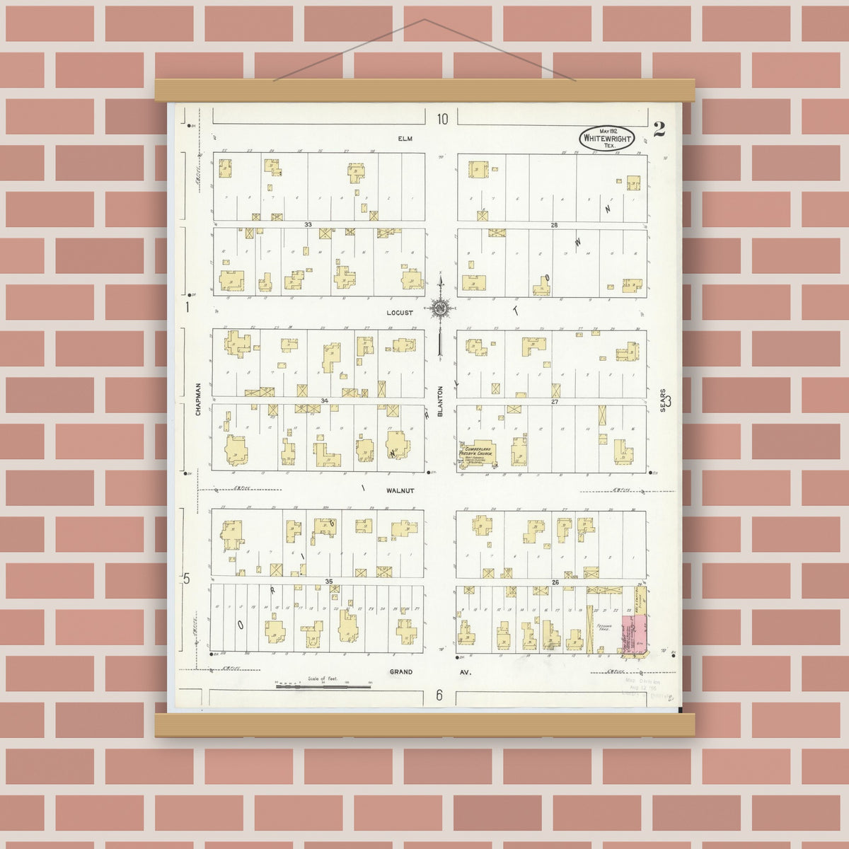 Old map wall art mockup — magnetic wood frame on brick wall — Sanborn Fire Insurance Map from Whitewright, Grayson County, Texas (1912), Sheet #0002
