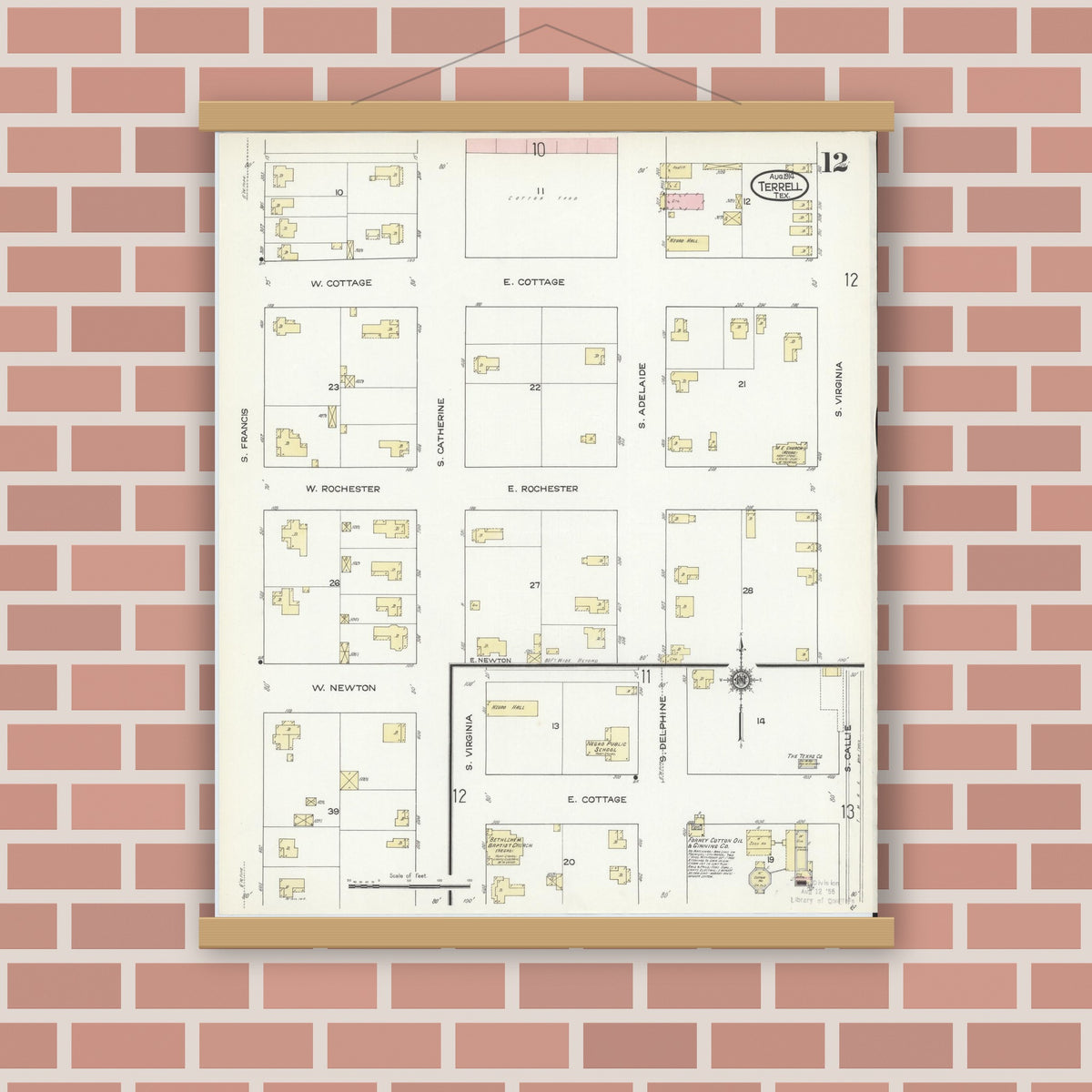 Old map wall art mockup — magnetic wood frame on brick wall — Sanborn Fire Insurance Map from Terrell, Kaufman County, Texas (1914), Sheet #0012
