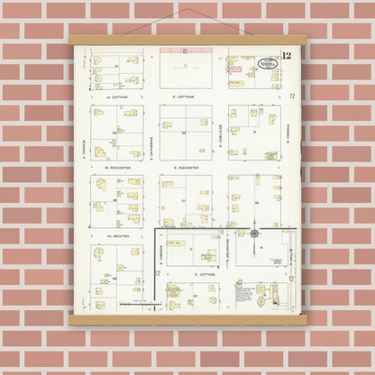 Old map wall art mockup — magnetic wood frame on brick wall — Sanborn Fire Insurance Map from Terrell, Kaufman County, Texas (1914), Sheet #0012